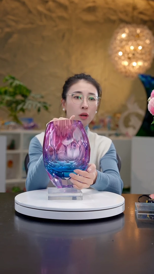 手工艺品琉璃金红蓝凹面设计款花器