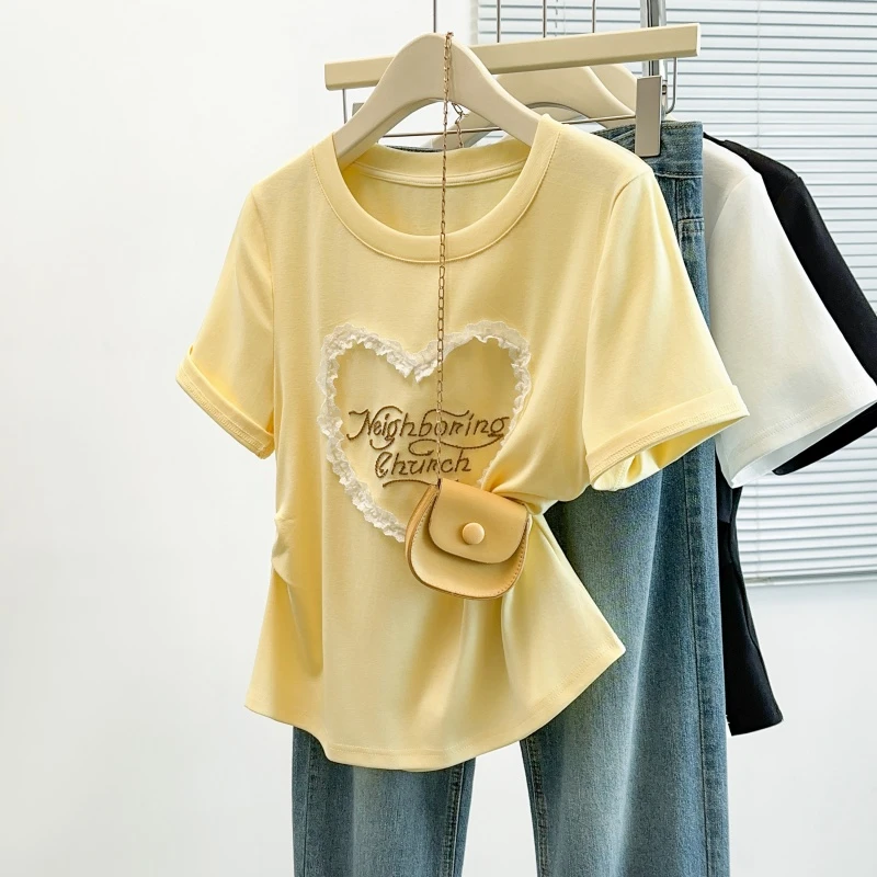 清2025夏季大码胖mm蕾丝花边爱心短袖T恤韩系减龄显瘦上衣64561
