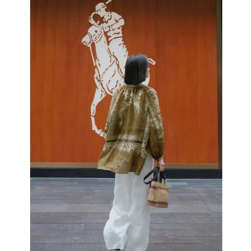 2025夏季新款中式V领长袖衬衫松弛感气质民族风印花上衣.Y9540