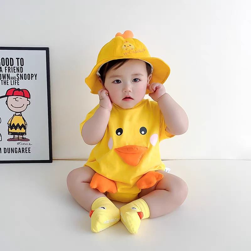 夏季婴儿短袖纯棉连体衣男女宝宝可爱超萌小黄鸭包屁衣三角哈衣