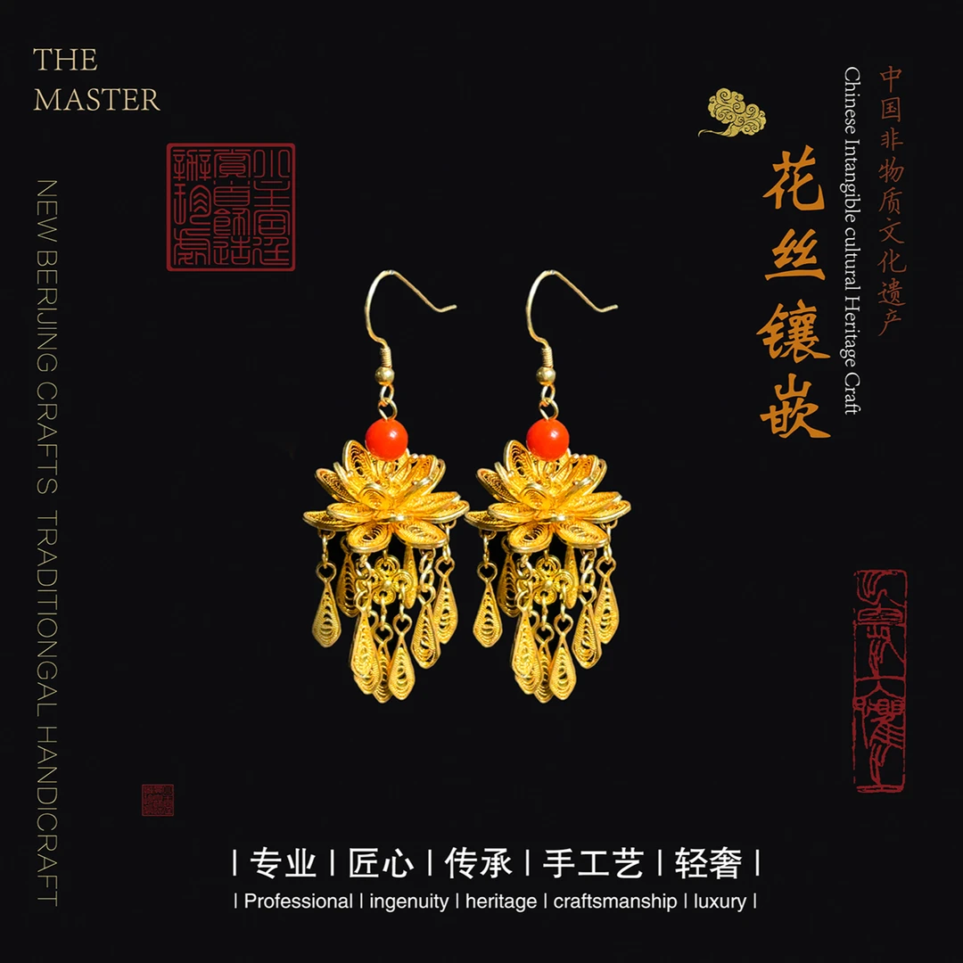 925银树脂耳饰 花丝镶嵌步步生莲-H019-复古款