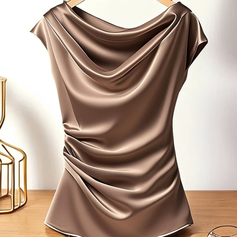 夏季新款小众洋气衬衫女咖色简约荡领上衣独特百搭轻奢减龄高级感