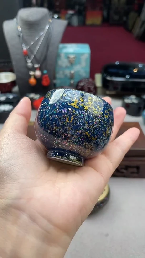 扬州漆器犀皮漆蓝金主人杯