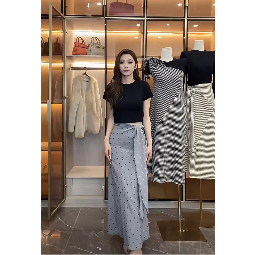 法式高腰时尚气质格纹系带半身裙 -2463