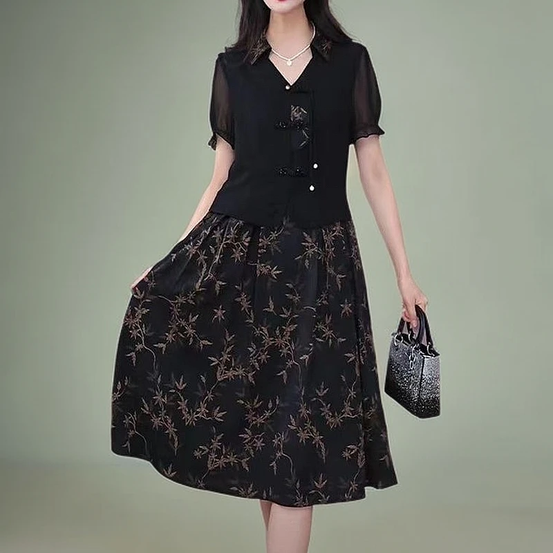 妈妈装时尚气质拼接复古A字裙V领大码连衣裙短袖印花裹胸复古风