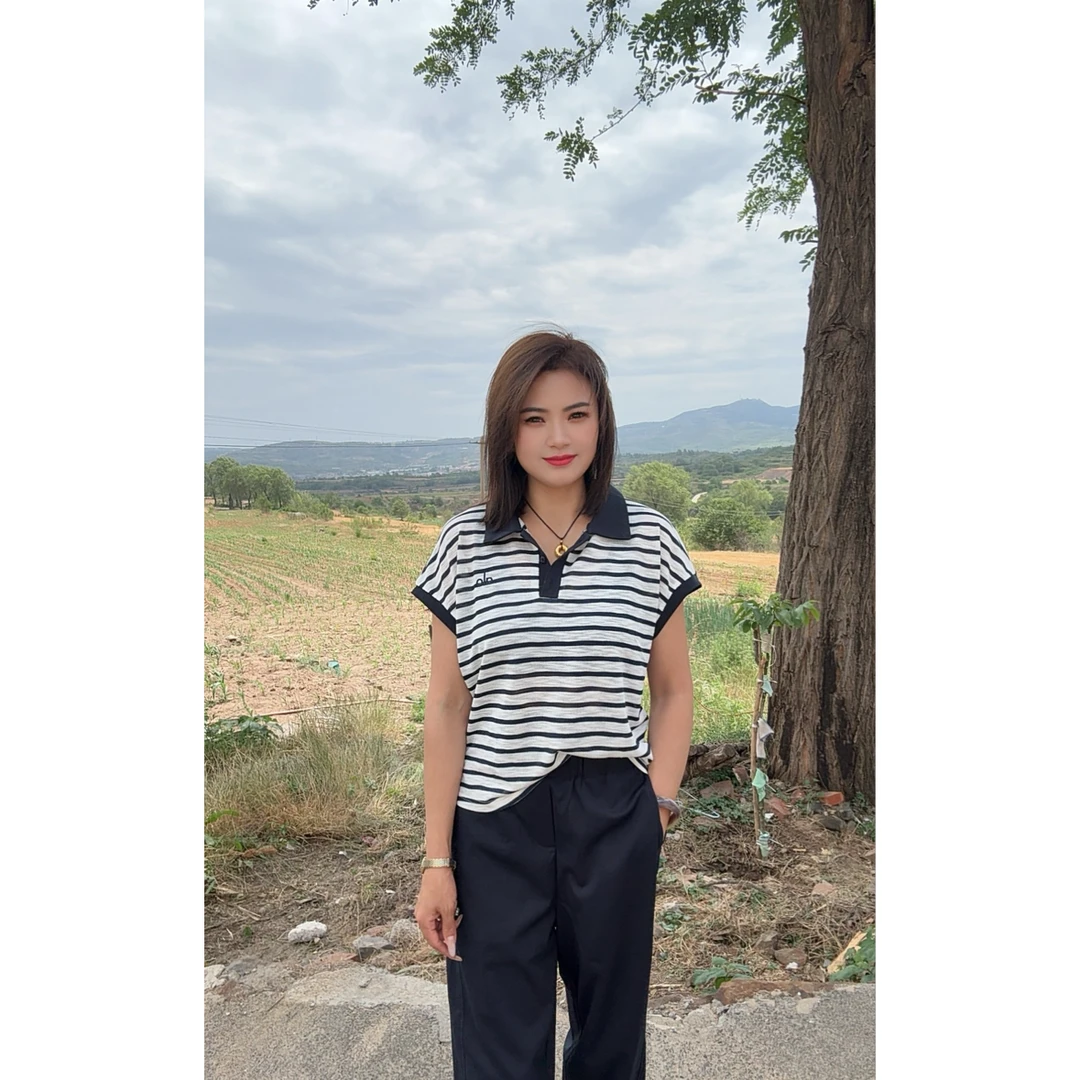 艳艳家 新款简约条纹polo领显瘦百搭T恤