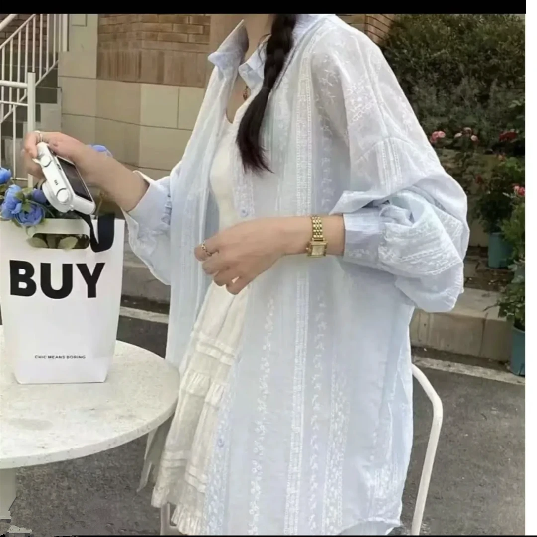 【现货】薄款蕾丝钩花防晒衬衫女2025夏季新款韩版宽松显瘦长袖外搭