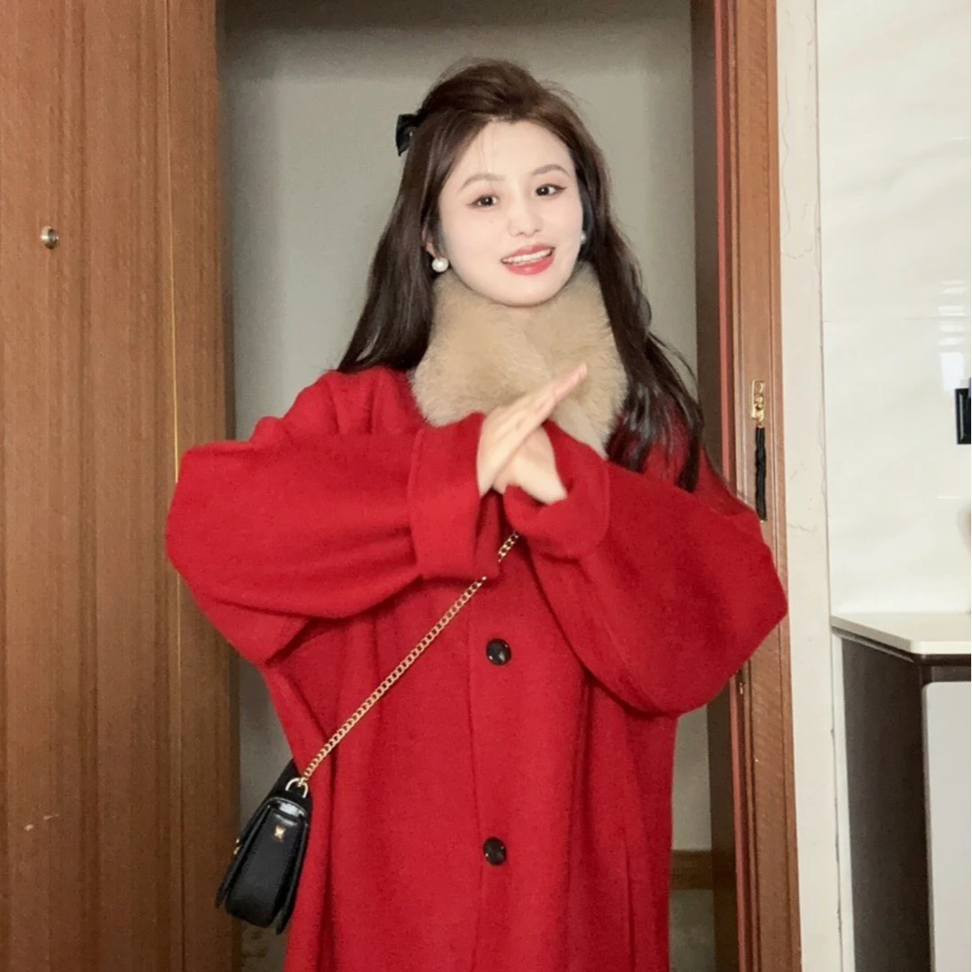 小小【瑞士雪夜】2025新款双面羊毛大衣中长款毛呢外套狐狸毛围脖
