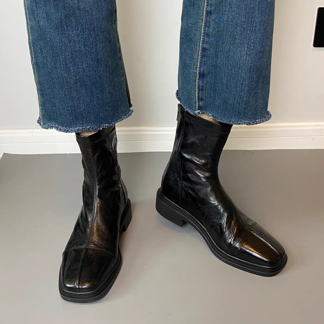 【新年现货现发】4cm真皮软底软低跟短靴女2024秋冬拉链靴子