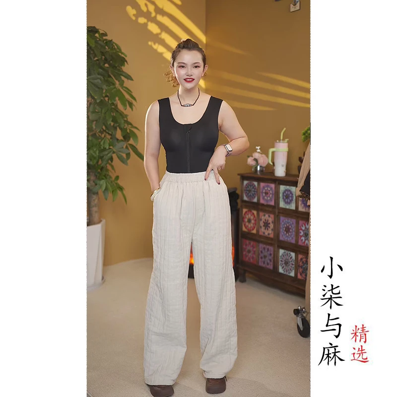 【小柒推荐】双织亚麻单压线松紧腰直筒裤（裤长100臀围128）1183