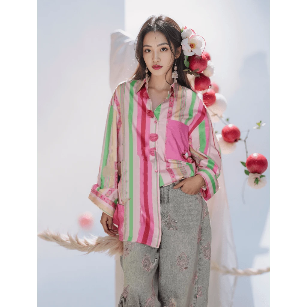 H1008-25年春季新款设计感印花时尚彩色条纹撞色长袖衬衫.T40319a