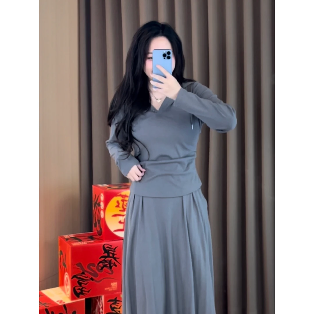 休闲舒适宽松百搭连帽上衣+半身裙LuLu微胖定制~【LHC1474】