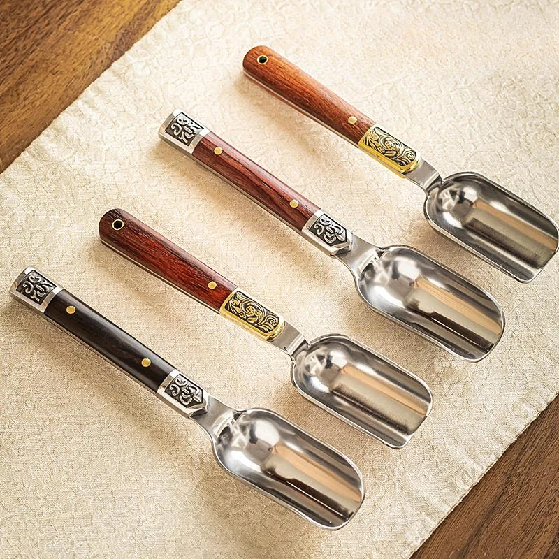 禅意黑檀木不锈钢茶勺茶匙茶则茶铲高端大马士革取茶叶器茶道零配