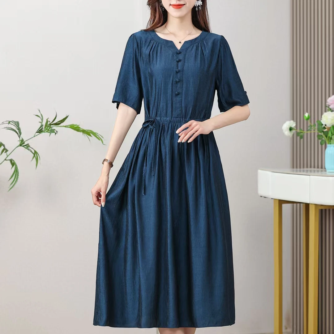 651新款时尚气质显瘦女宽松连衣裙中长款收腰休闲过膝妈妈裙子