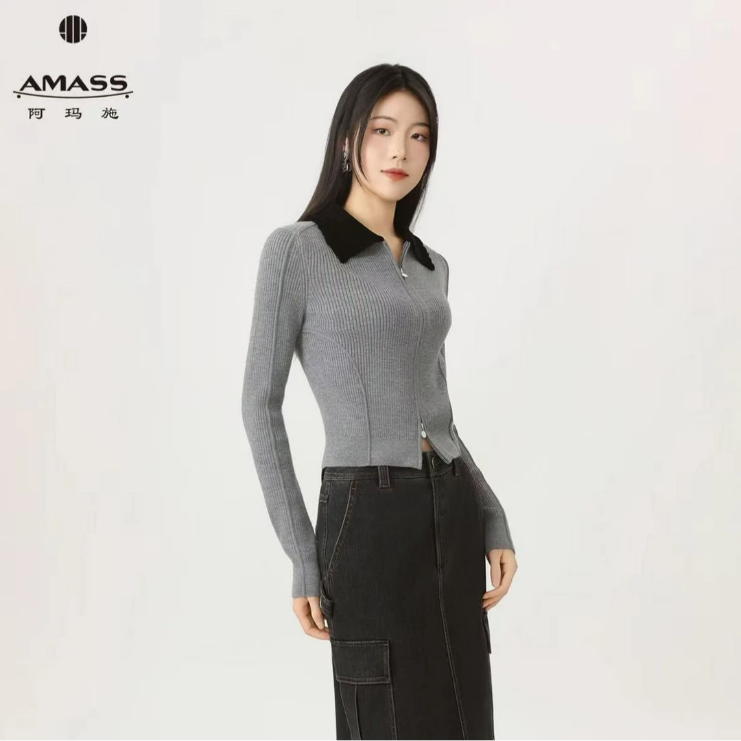 AMASS/阿玛施秋季翻领法式纯欲慵懒感小众修身羊毛针织开衫548060