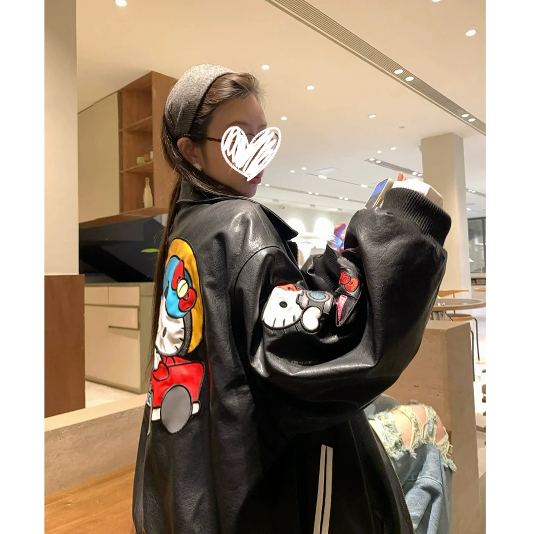泡泡谷PaoPaoGu 黑色翻领重工皮衣女hellokitty卡通春秋pu皮外套