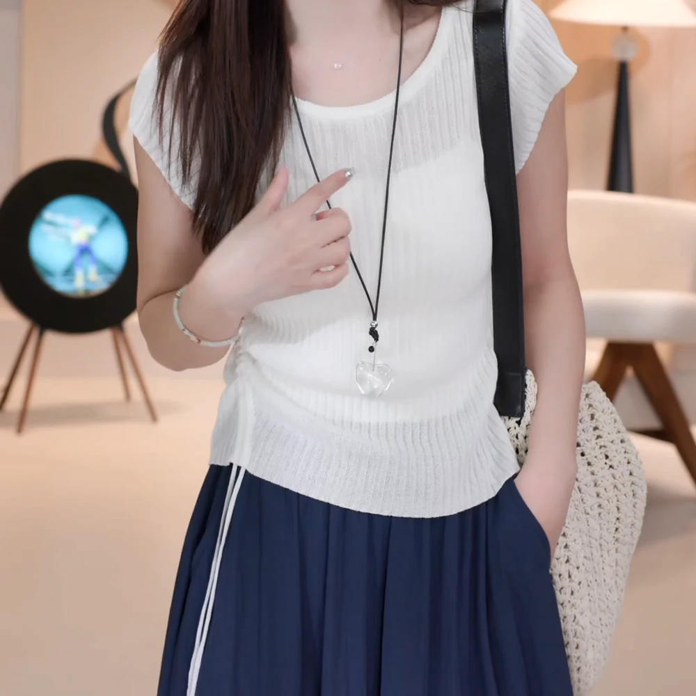 2025夏季新款洋气纯色简约慵懒设计感针织坑条抽褶皱t恤女短袖