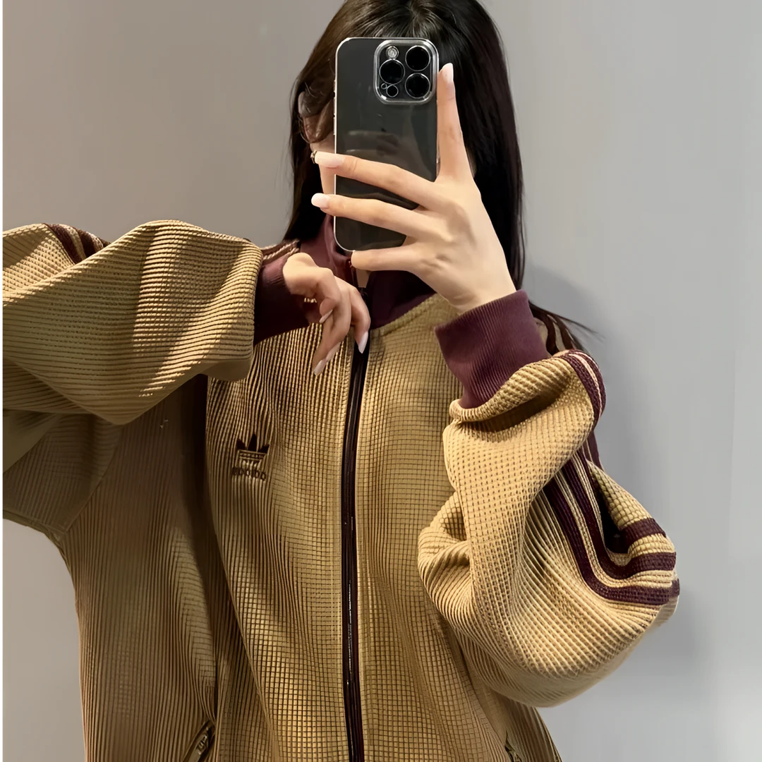 adidas阿迪达斯三叶草男女针织华夫格立领运动宽松夹克外套KC2620