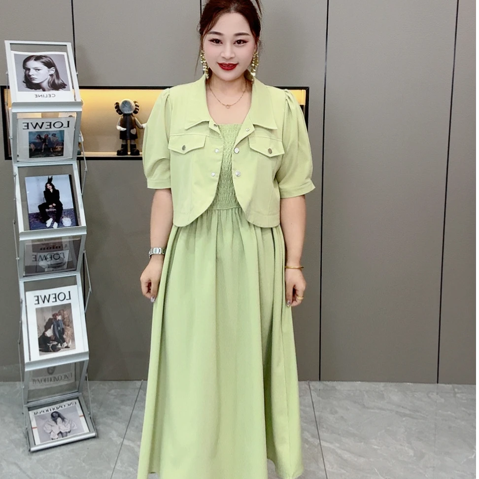 【半袖两件套】春季时尚洋气减龄半袖显瘦大码两件套裙 外套➕吊带裙