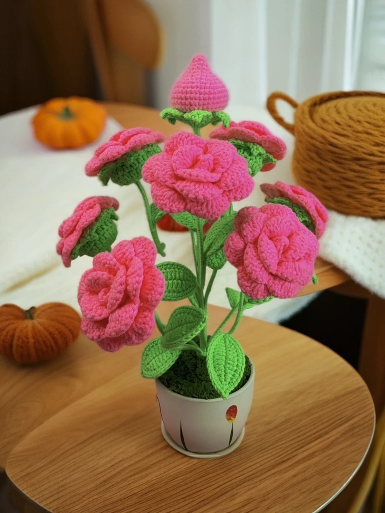 手工钩织毛线玫瑰花材料包适合居家室内装饰带花盆