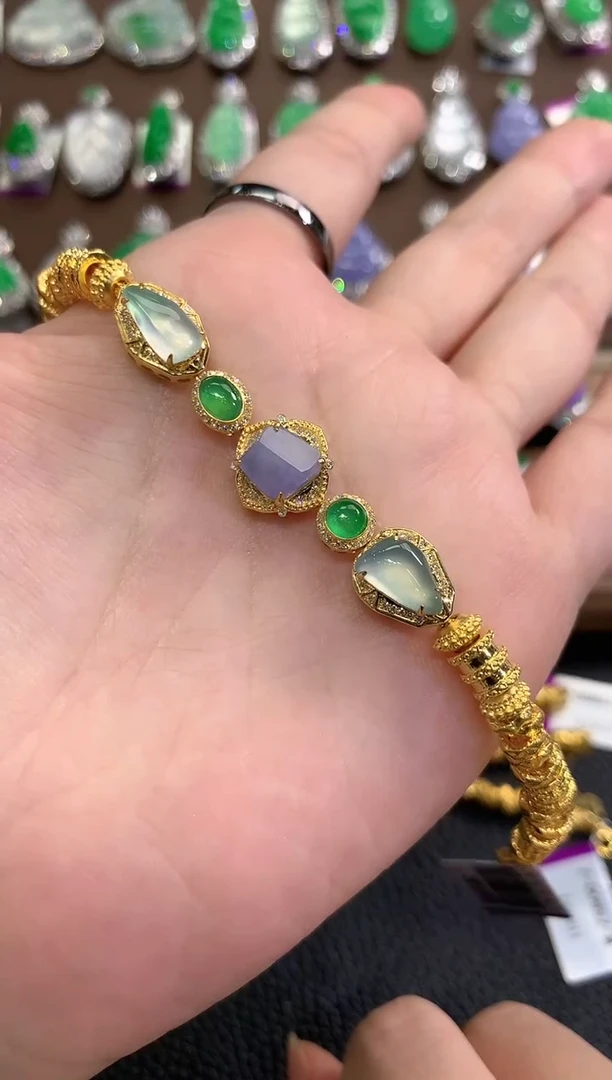 18K金镶嵌手链翡翠春日珠宝 C40紫货有色差