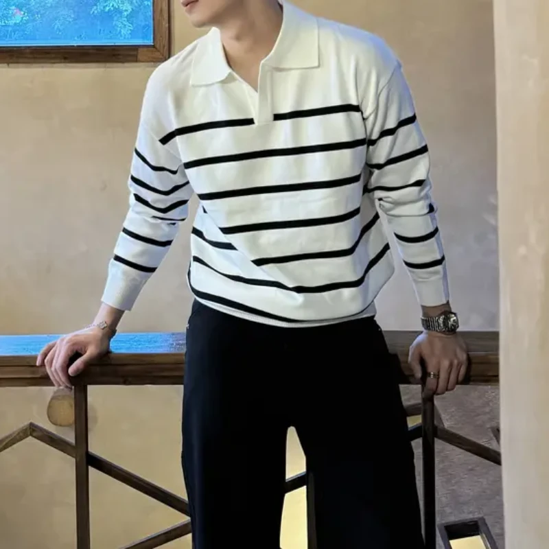 秋冬季老钱风痞帅慵懒男装高级感抗起球条纹针织毛衣简约宽松百搭