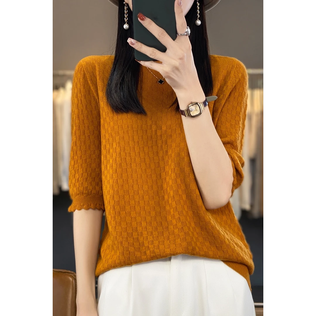 纯羊毛一线成衣华夫格圆领短袖女YM-QHZM-003