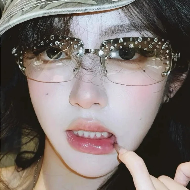 欧美辣妹风镶钻无框复古高级感太阳眼镜时尚街拍凹造型古早