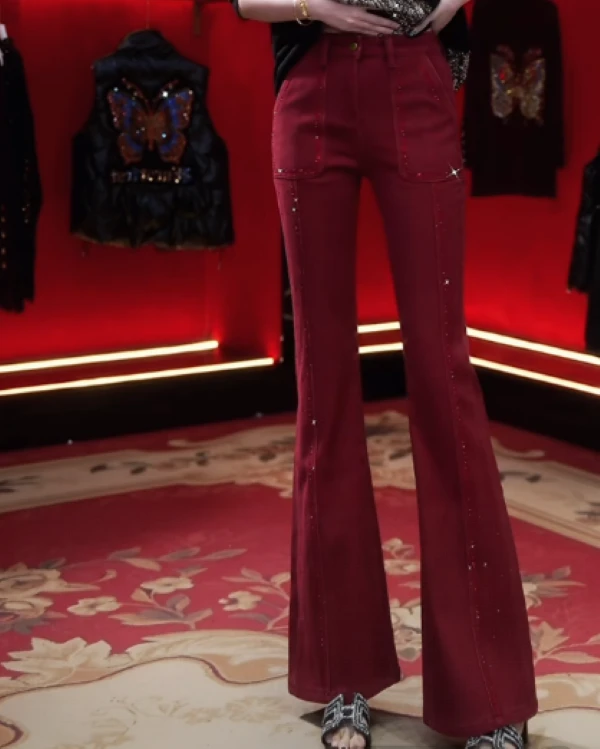 阿鱼家 秋冬新款侧边闪钻设计重工加厚显瘦微喇牛仔裤Y477