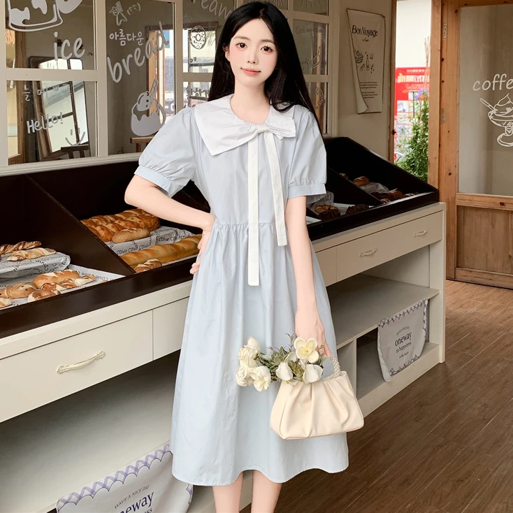 小清新甜美撞色拼接连衣裙女2025夏季学院风海军领学生显瘦大摆裙