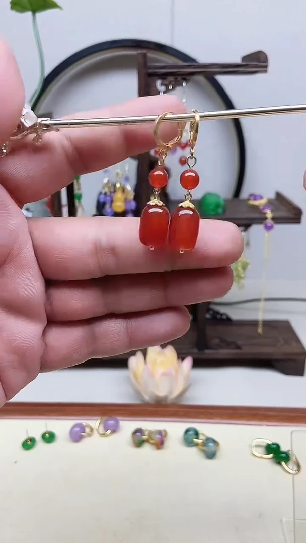 南红玛瑙14K金镶嵌耳饰81号