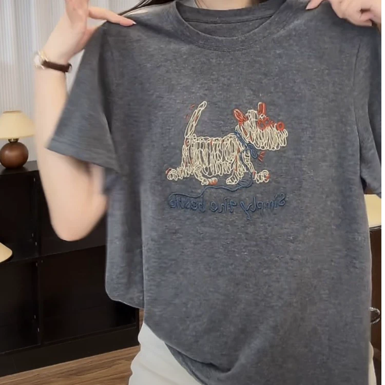 微胖妹妹重工绣花短袖t恤女2025夏季新款小众设计感大码上衣