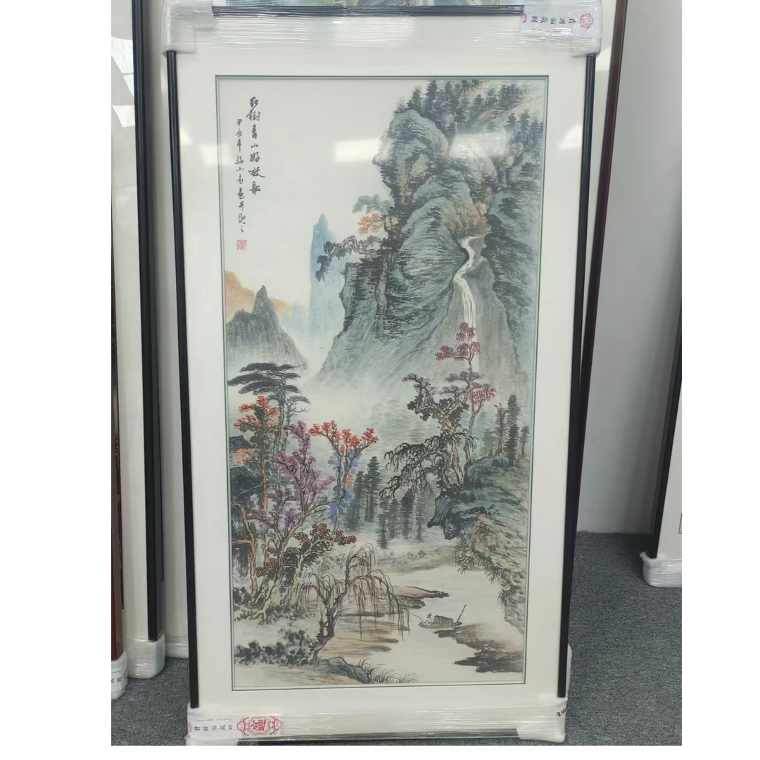 手绘【青山放舟】装框后：172*85CM国画玄关装饰画山水画