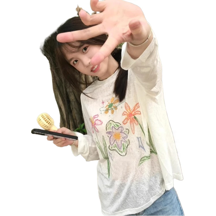 夏季百搭时髦显瘦宽松设计白色长袖凉感透气罩衫式T恤上衣夏季t恤