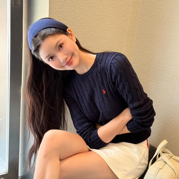 圆领毛衣高腰上衣网红长袖针织毛针织衫常规袖短款百搭复古宽松