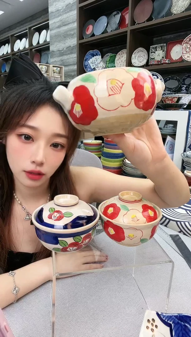 陶濑户烧手绘红花小双耳钵400ml