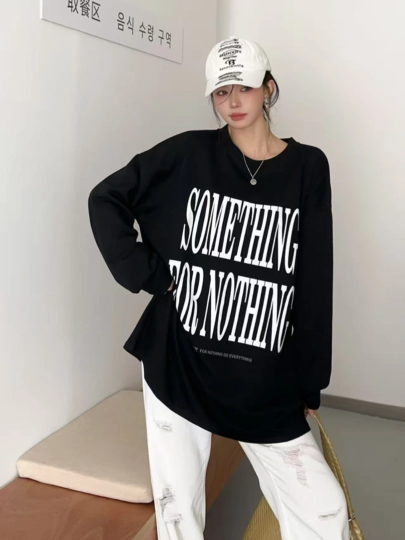 时尚宽松宽松型长袖卫衣中长款拼色字母印花秋冬0985