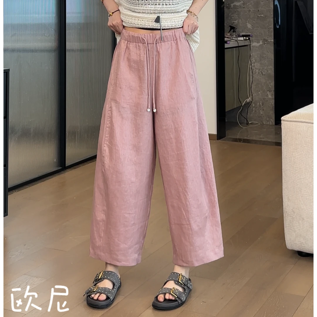 欧尼私服 2025夏款定制色松紧腰奶奶亚麻裤九分裤 2504C2243