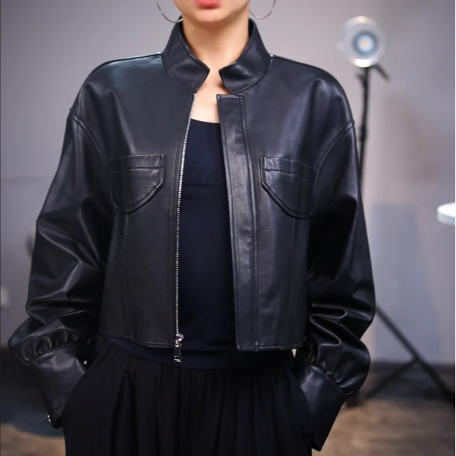 女式短领羊皮短款皮衣