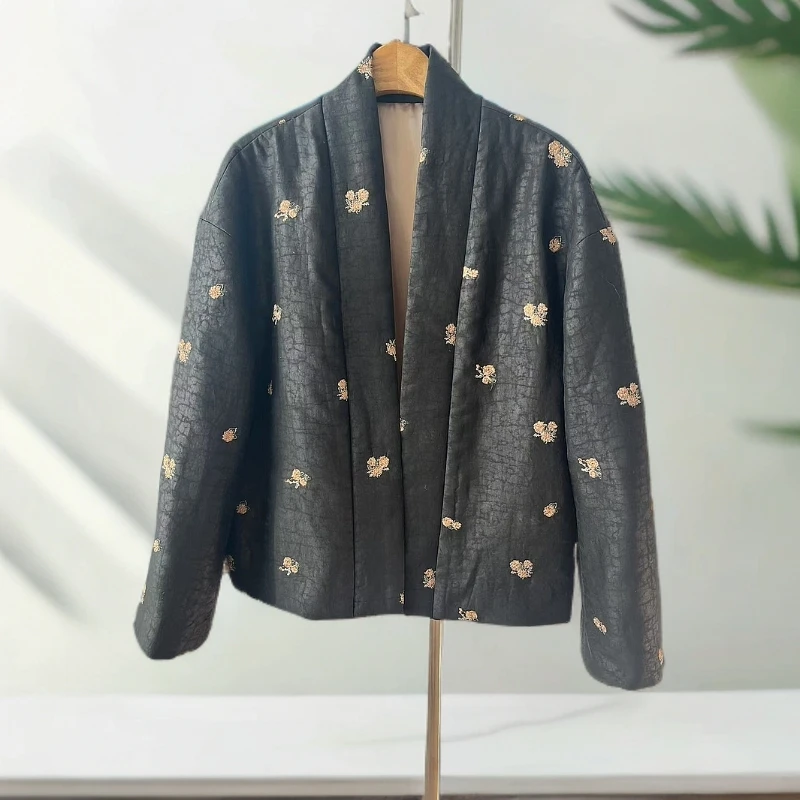 香云纱绣花面料 羊毛絮片棉袄 汉服领 微龟背效果