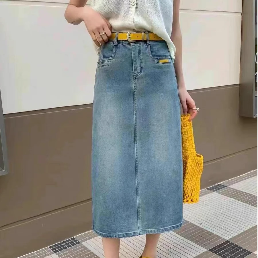 8971黄色标口袋开叉牛仔裙