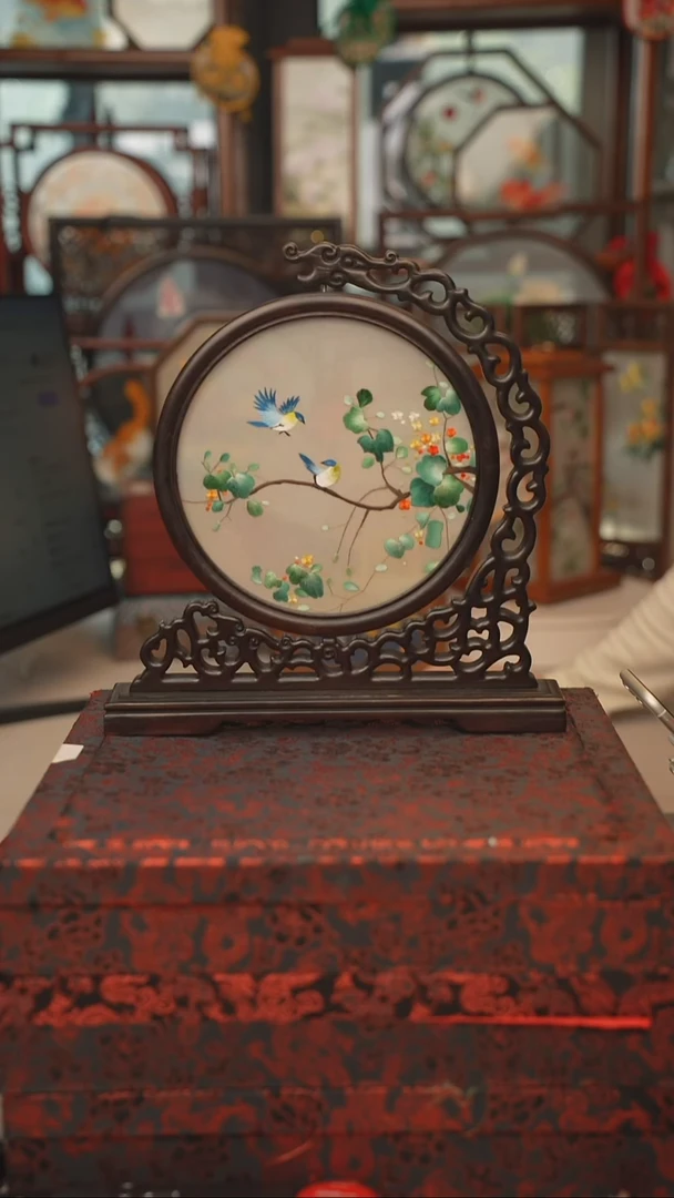 扇子龙头架 苏绣双面绣摆台