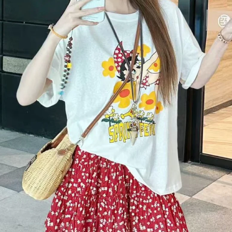 设计感印花圆领时尚宽松短袖T恤女2025夏季新款休闲百搭减龄上衣