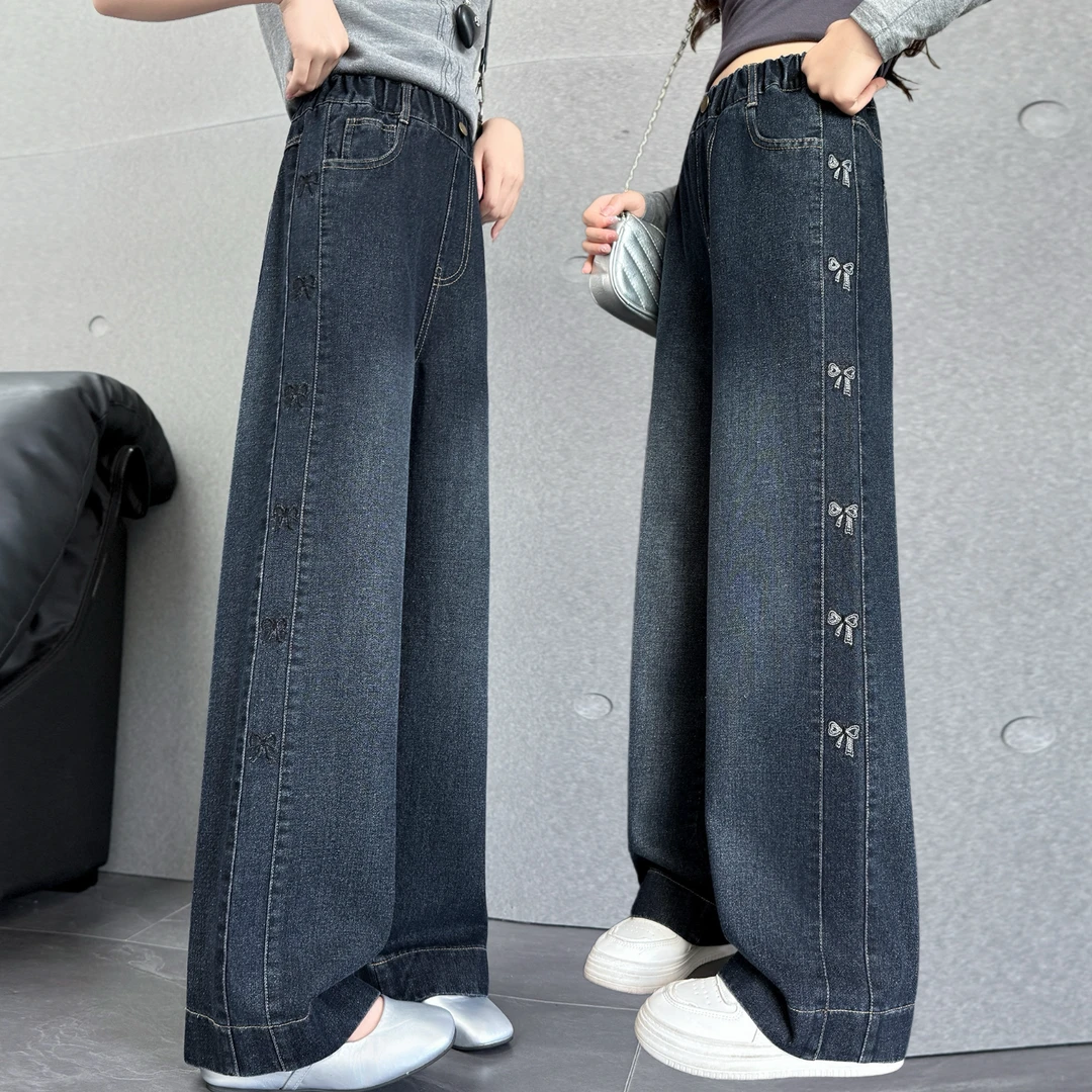 女童秋季新款时尚蝴蝶结直筒牛仔阔腿裤2025女大童洋气休闲长裤潮