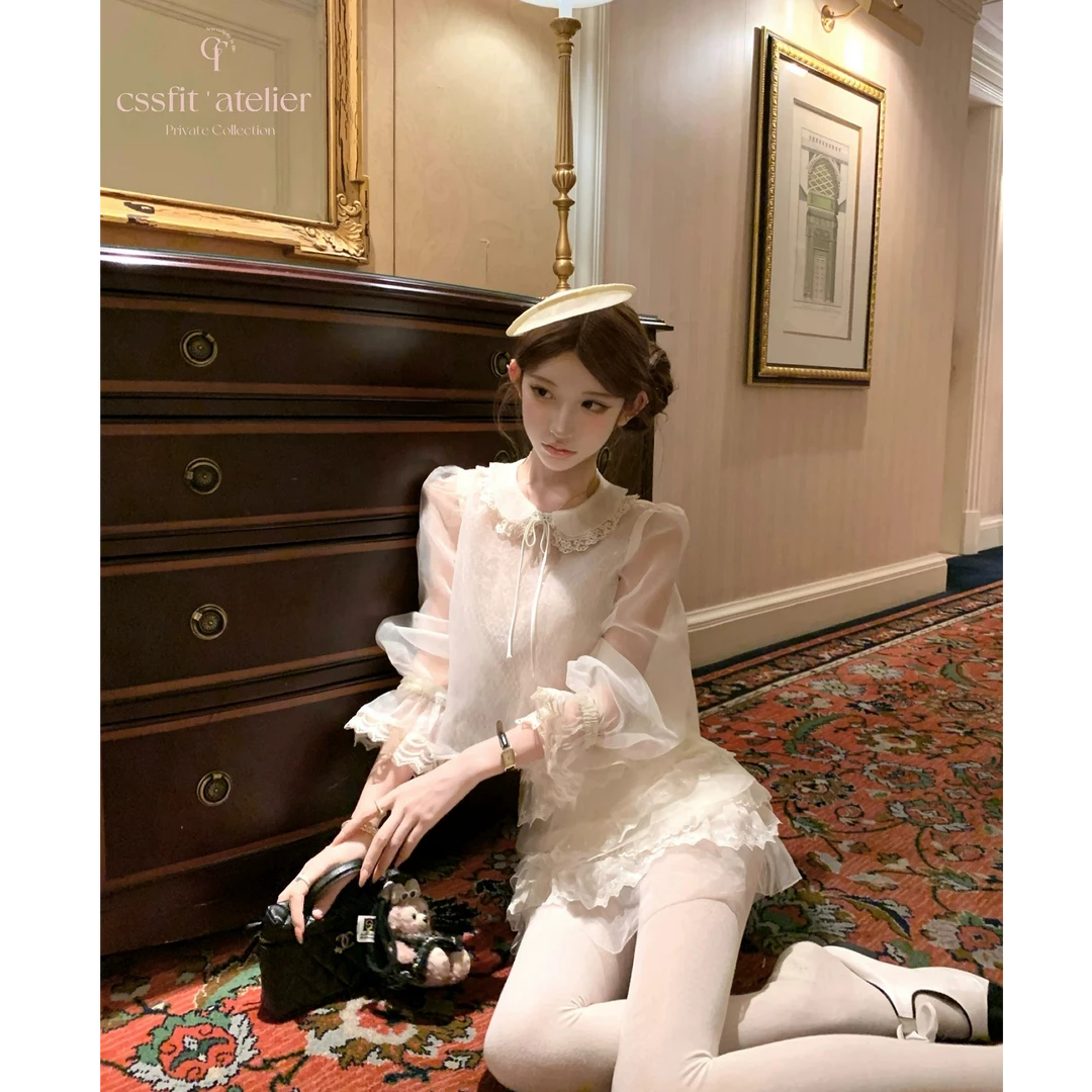 【银箔衬月】赵露思同款细闪蕾丝长袖衬衫上衣女配刺绣千层短裙套装