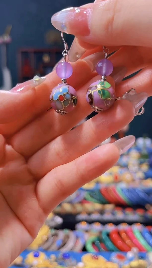 景泰蓝耳环粉紫色1.4