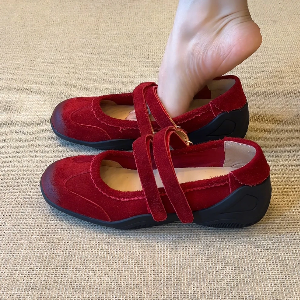 RubyL/4cm复古擦色舒适百搭魔术贴圆头浅口松糕厚底玛丽珍单鞋