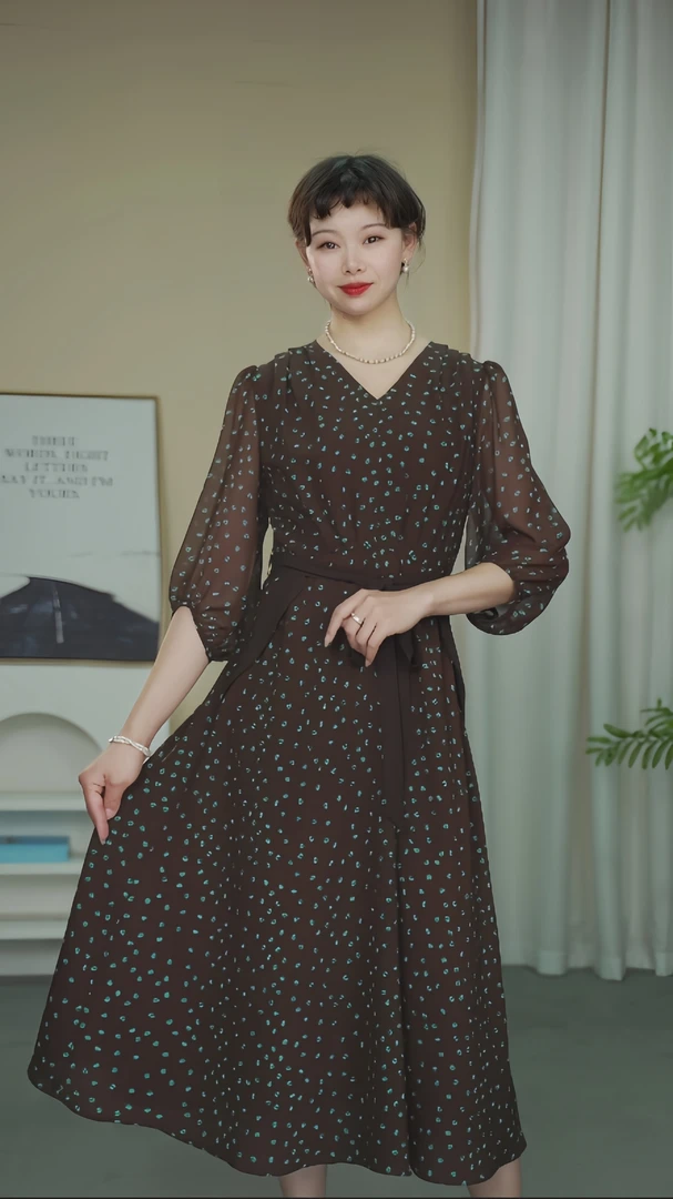 高腰绿波点V领连衣裙夏季连衣裙复古收腰裙子时尚女装