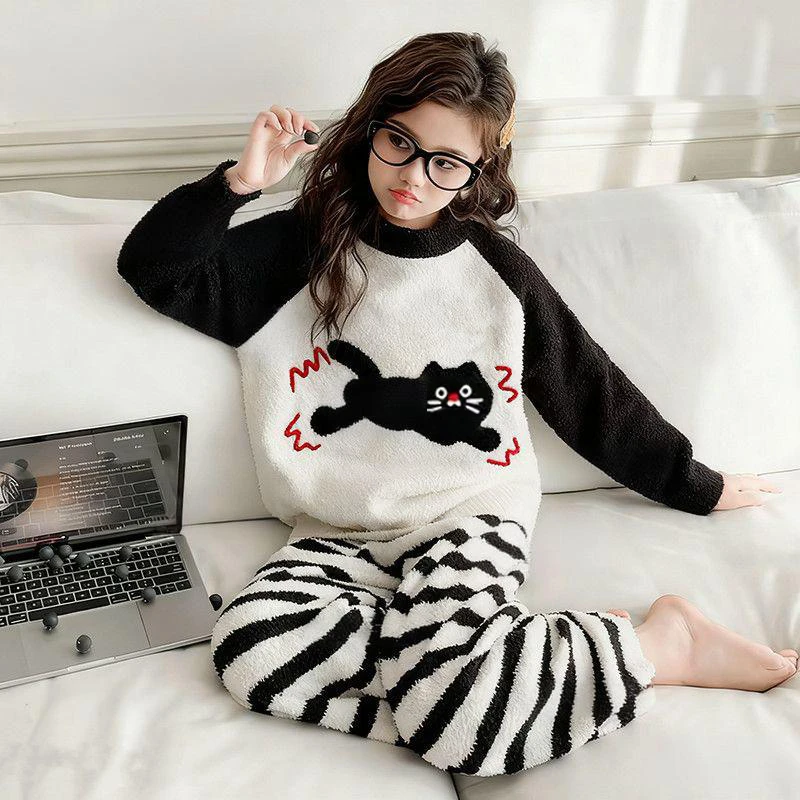 儿童睡衣套装秋冬季中大童家居服加绒加厚两件套男女童套装亲子款