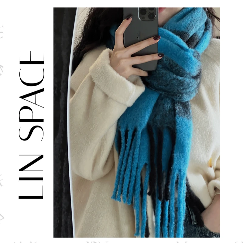 【蓝色拼色格子围巾】＇绵羊毛围巾＇长款加厚保暖围巾